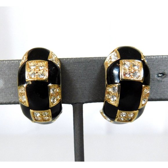 Roman Black Enamel Pave Crystal Rhinestone Half Hoop Earrings Clip on - Picture 2 of 10